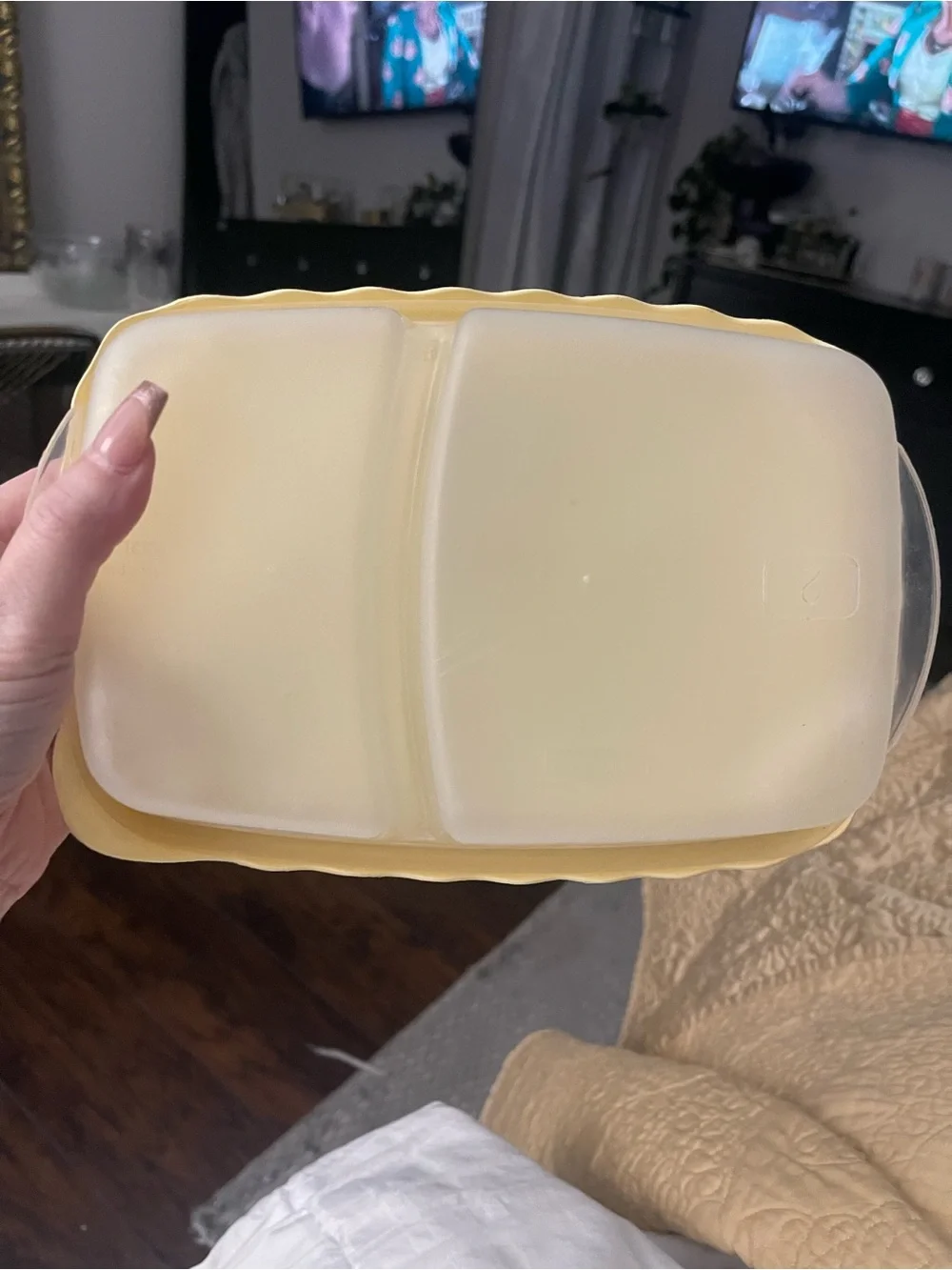 Vintage Rubbermaid 2 compartment storage with rare yellow scalloped lid.